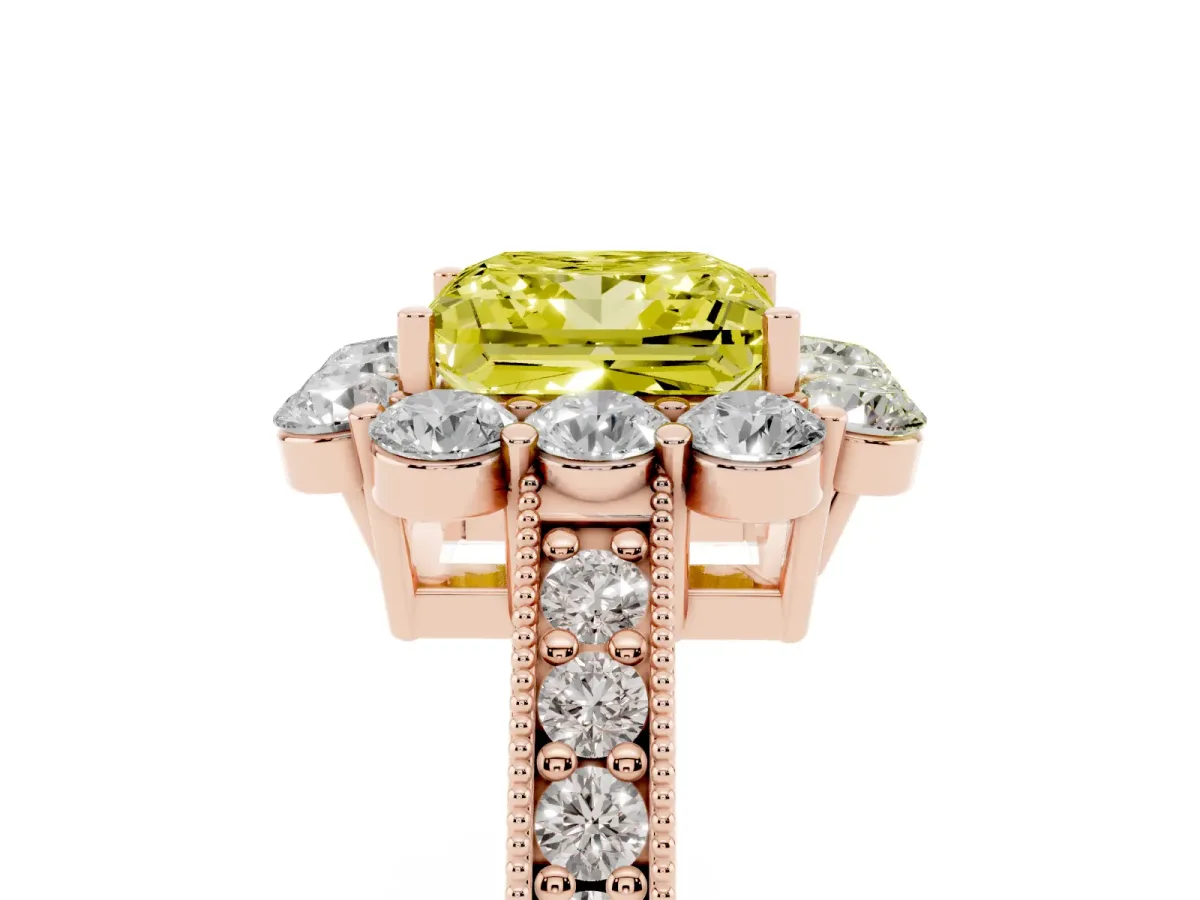 Fancy Yellow Princess Cut Cut Halo Diamond Pavé Engagement Ring with Milgrain Detailing Rose gold