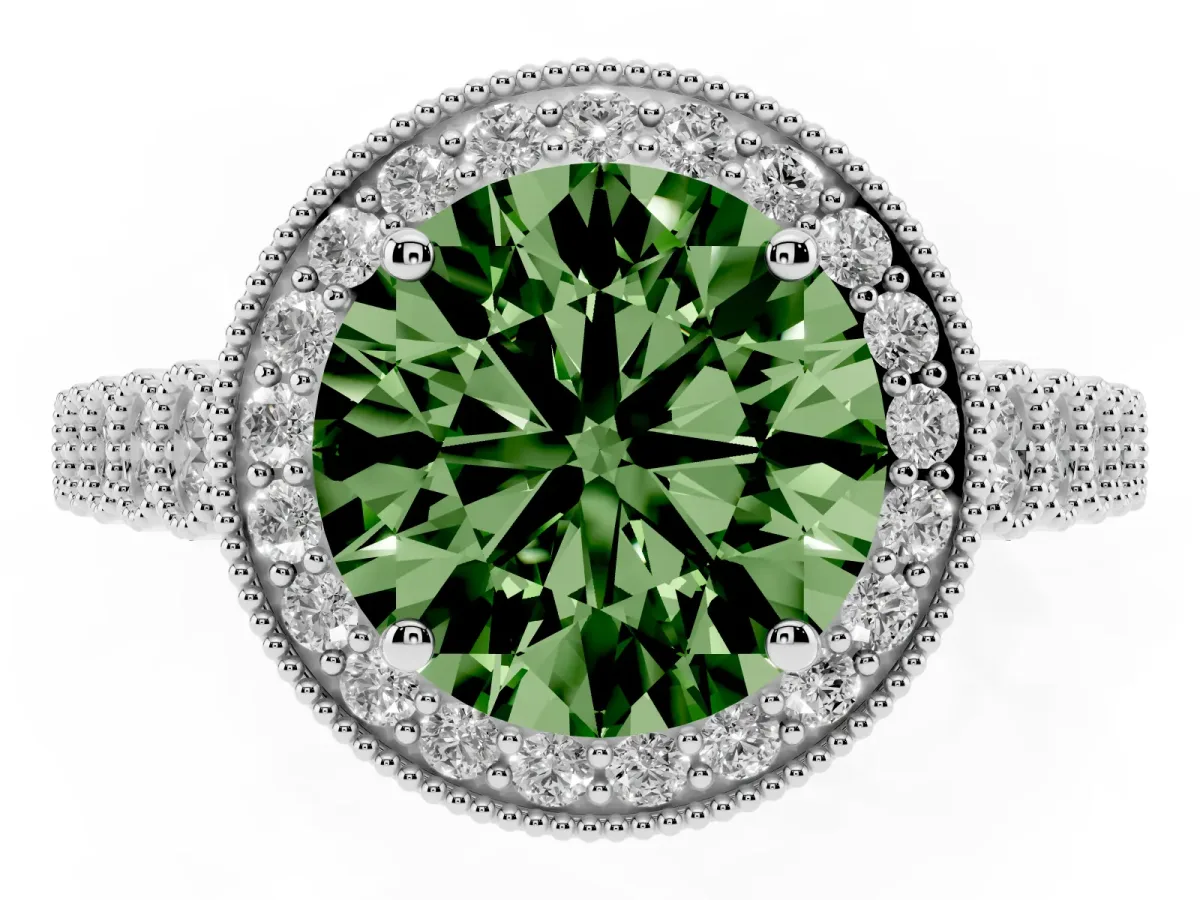 Fancy Green Round Cut Halo Milgrain Solitaire with Bezel Set Side Stones and Pave Band Platinum
