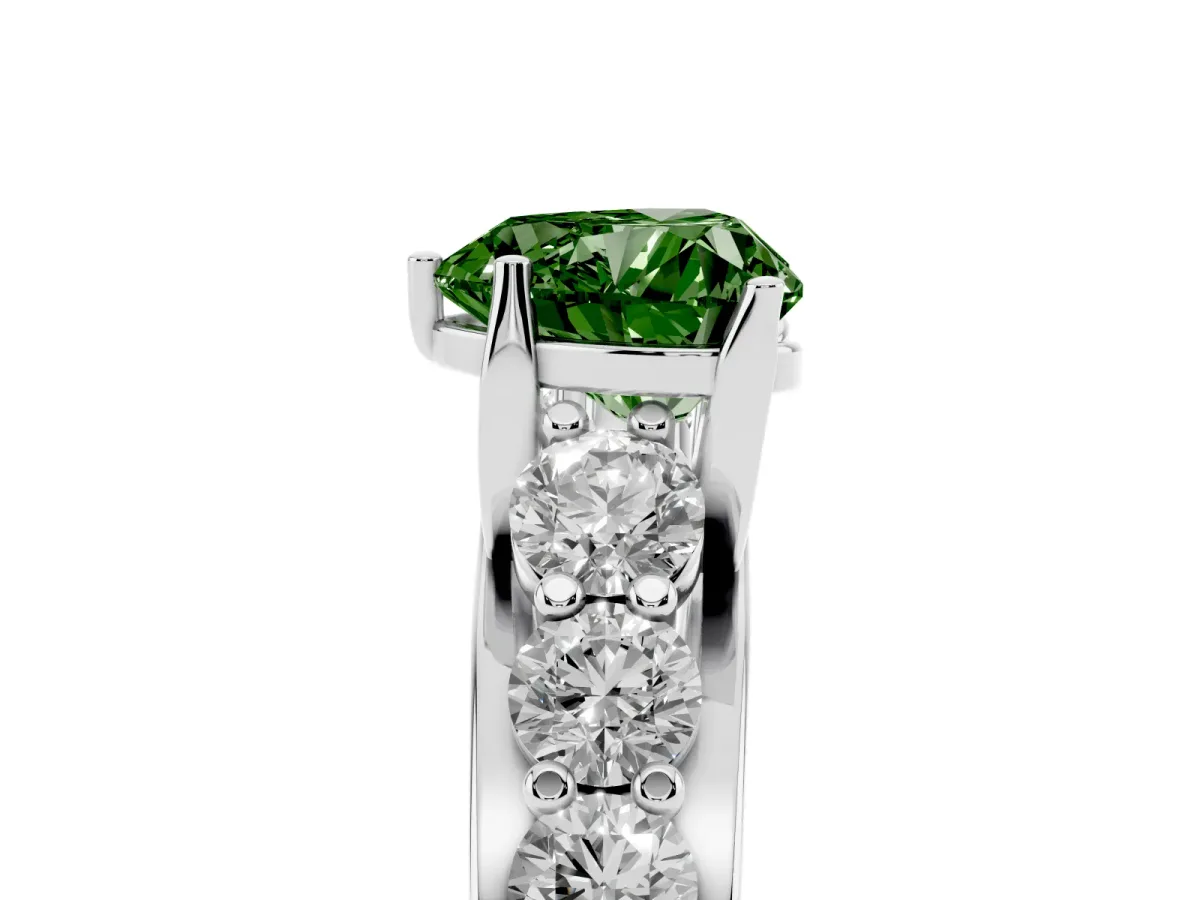 Fancy Green Heart Cut Diamond Engagement Ring with Pavé Band and Four-Prong Setting Silver