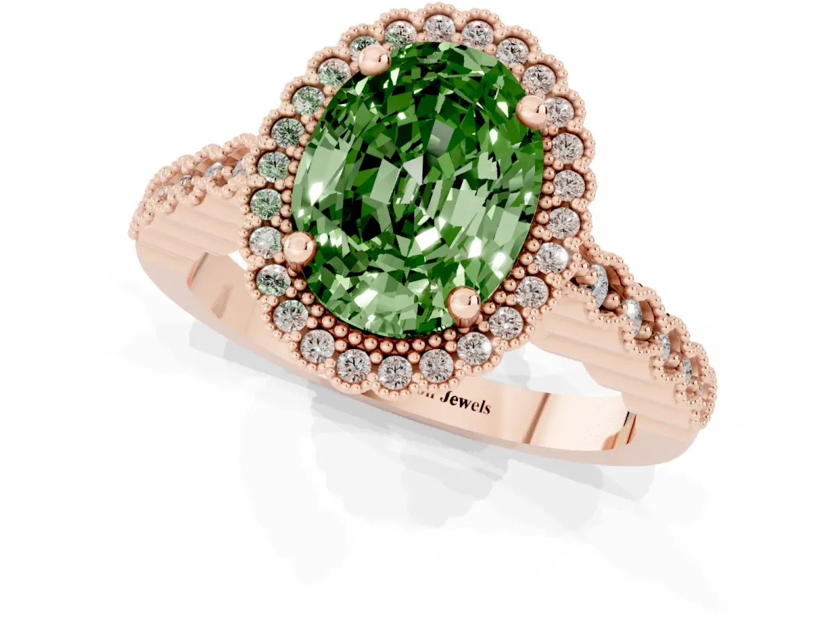 Fancy Green Oval Cut Cut Halo Pavé Solitaire Ring with Milgrain Band Rose gold