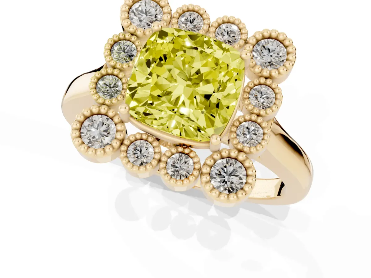 Fancy Yellow Cushion Cut Halo Diamond Cluster Engagement Ring with Milgrain Bezel Setting and Solitaire Band Yellow gold