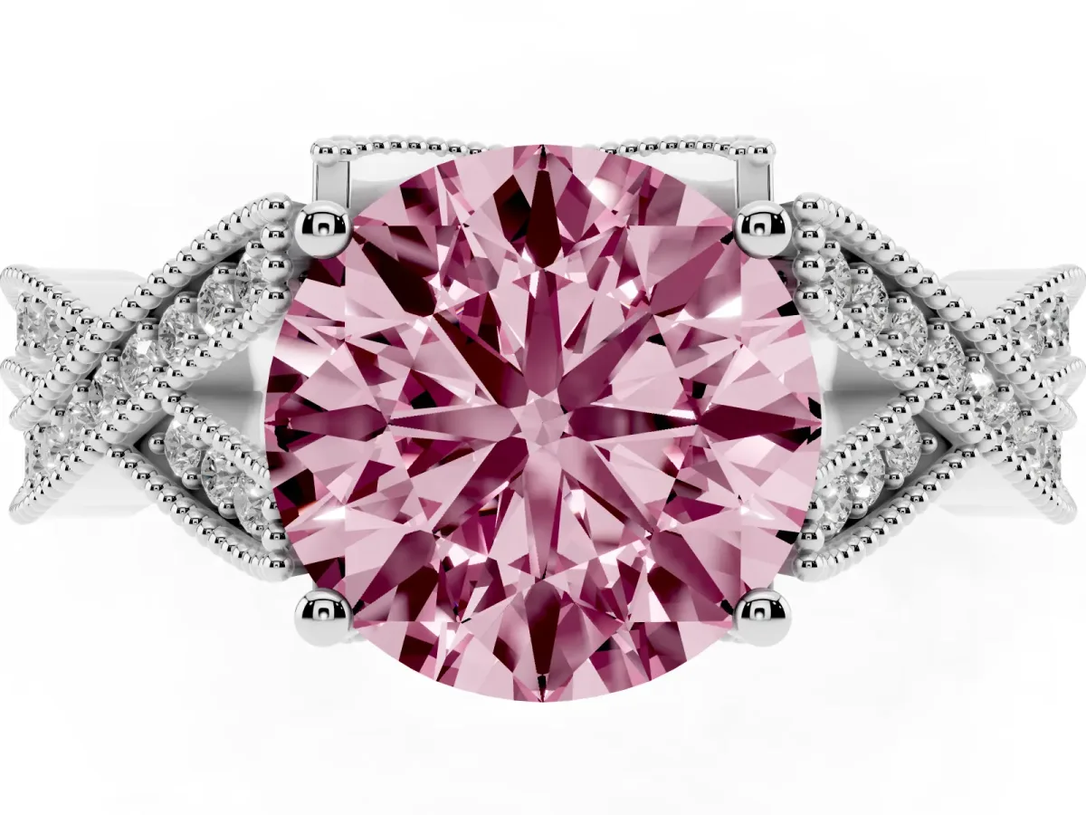 Fancy Pink Round Cut Cut Diamond Twisted Band with Milgrain Pave Setting and Four-Prong Setting Silver