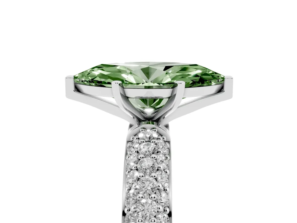 Fancy Green Marquise Cut Diamond Solitaire Ring with Prong Setting and Pavé Band Silver
