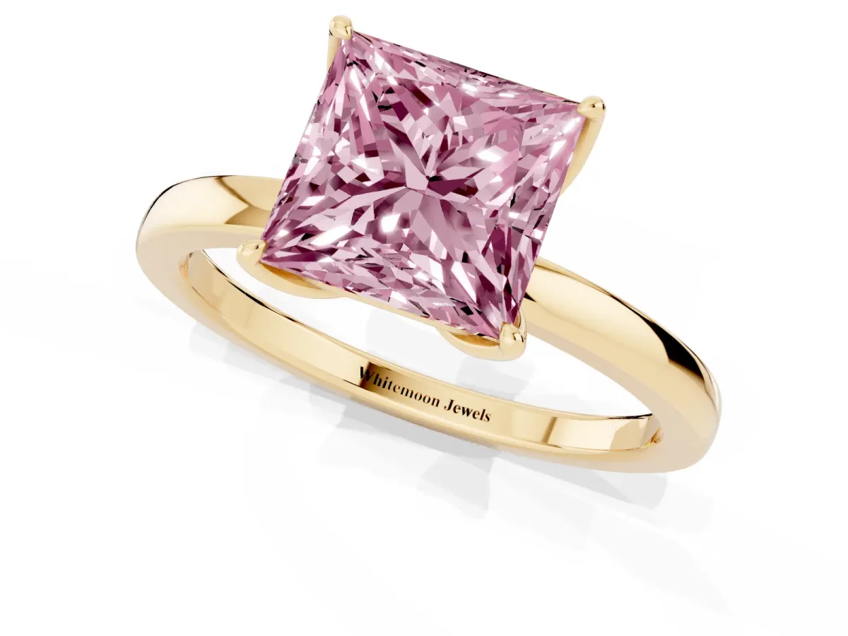 Fancy Pink Princess Cut Diamond Solitaire Ring with Thin Band and Prong Setting Yellow gold