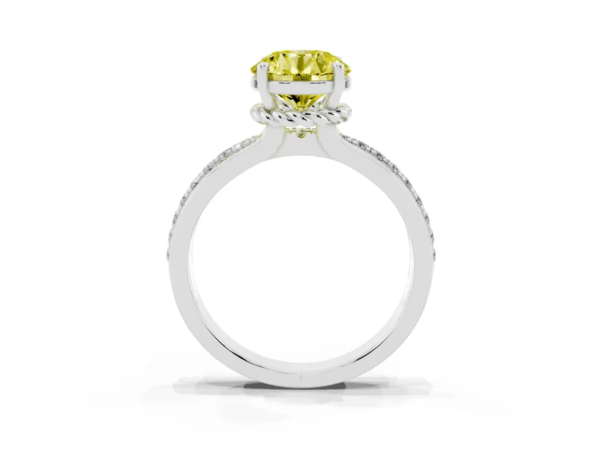 Fancy Yellow Round Cut Solitaire Diamond Ring with Channel Set Band and Six-Prong Setting Silver