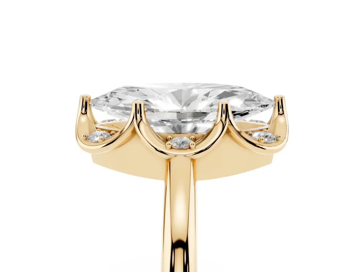 Marquise Cut Halo Diamond Ring with Round Cluster Setting, Solitaire Band, and Four-Prong Setting Yellow gold
