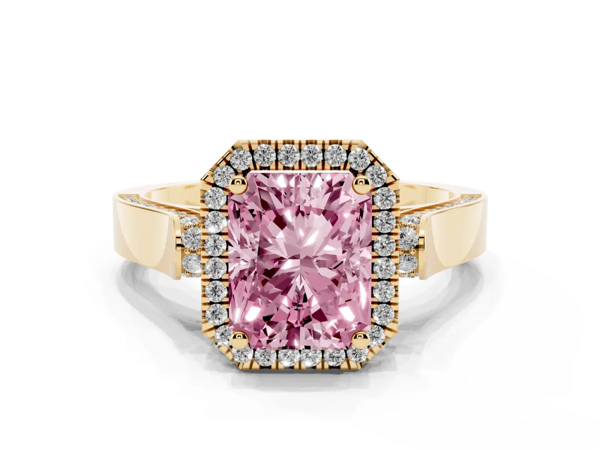 Fancy Pink Radiant Cut Halo Pave Split Shank Prong Setting Ring Yellow gold