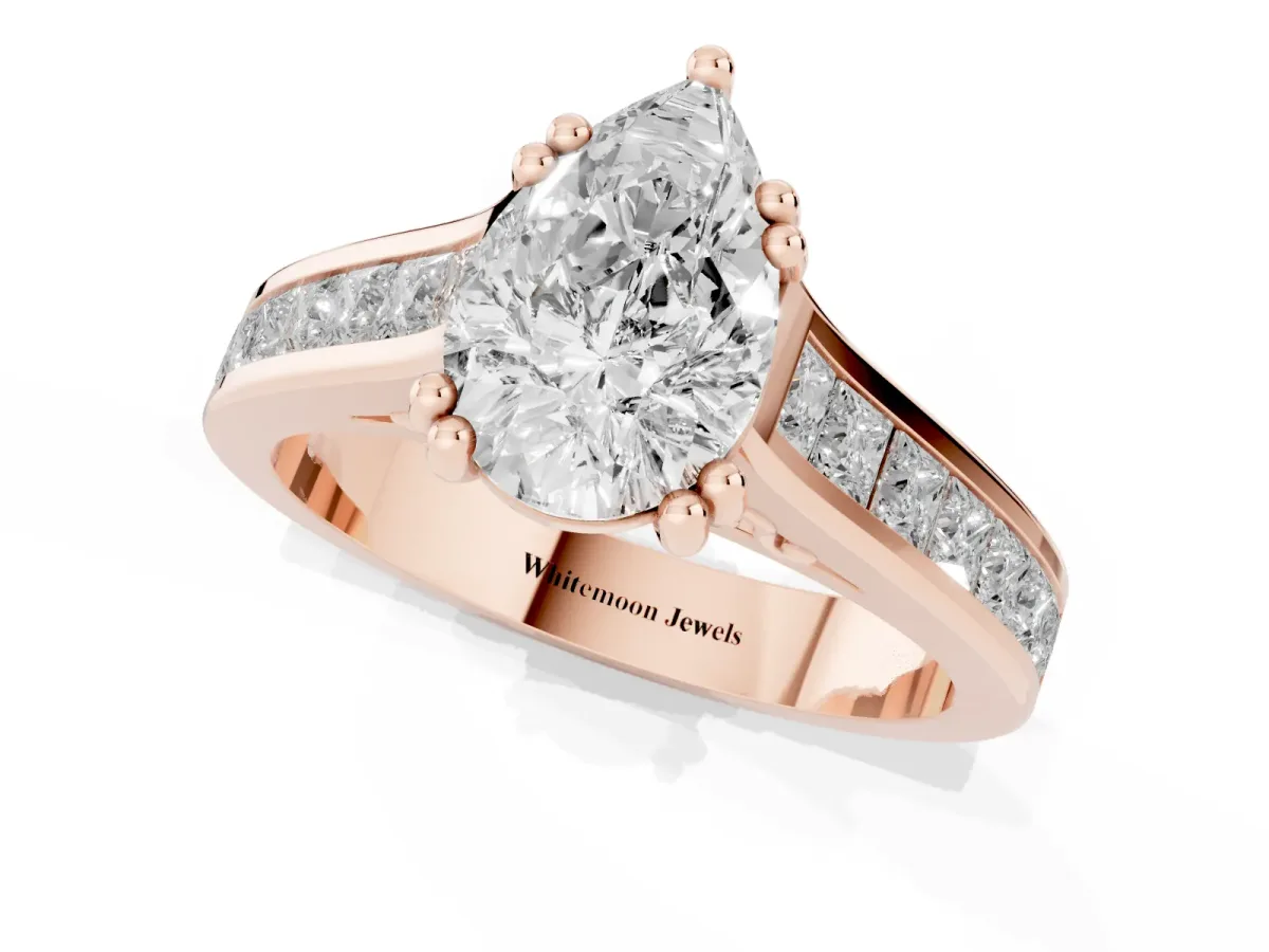 Pear Cut Cut Channel Set Solitaire Engagement Ring with Prong Setting Rose gold