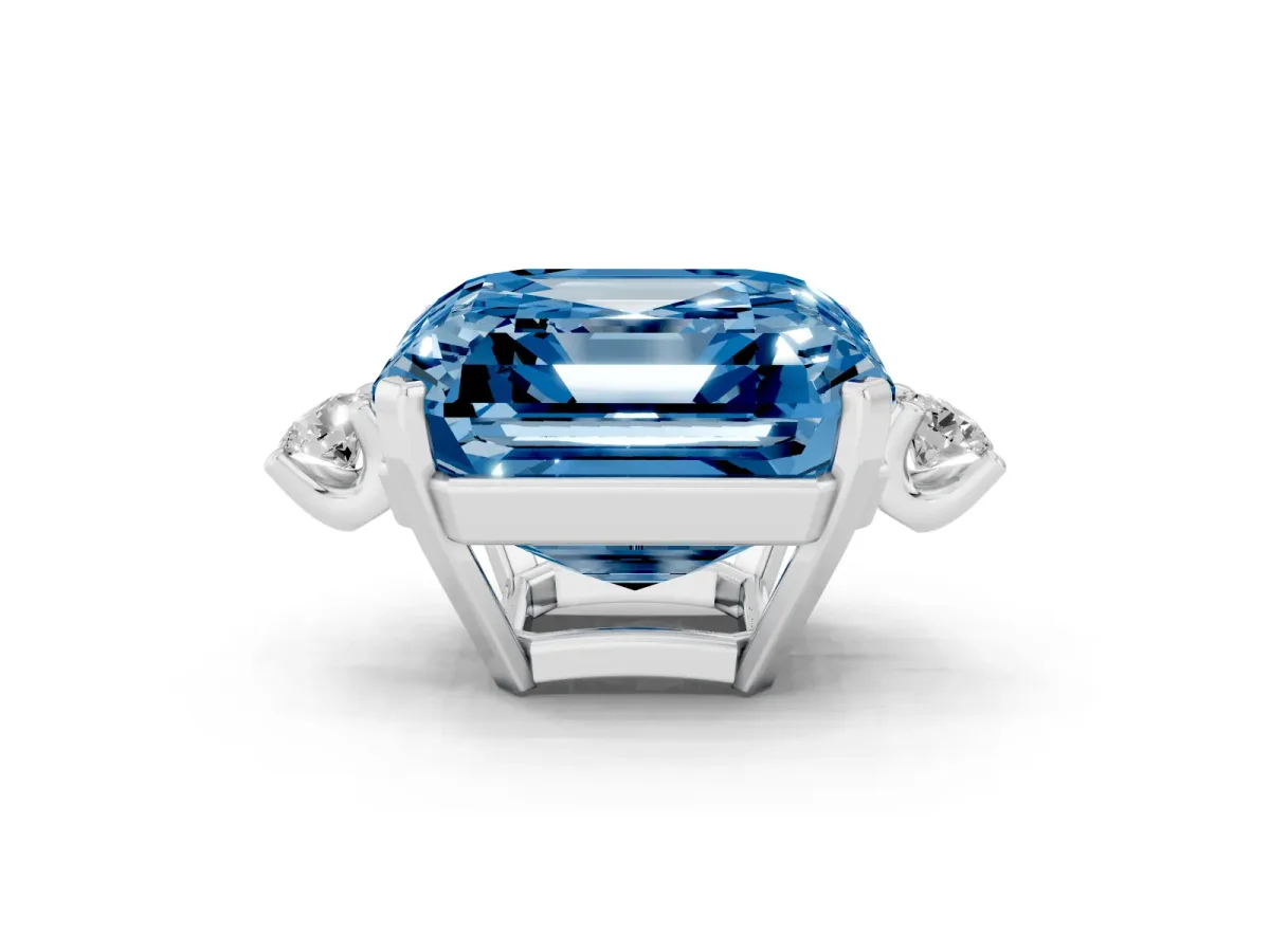 Fancy Blue Asscher Cut Cut Three-Stone Solitaire Ring with Round Accent Diamonds and Four-Prong Setting Silver
