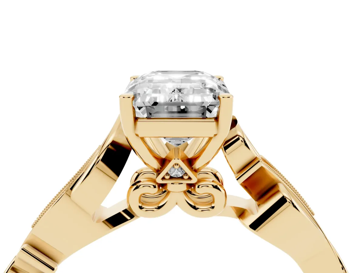 Emerald Cut Solitaire Vine Band with Milgrain Prong Setting Yellow gold