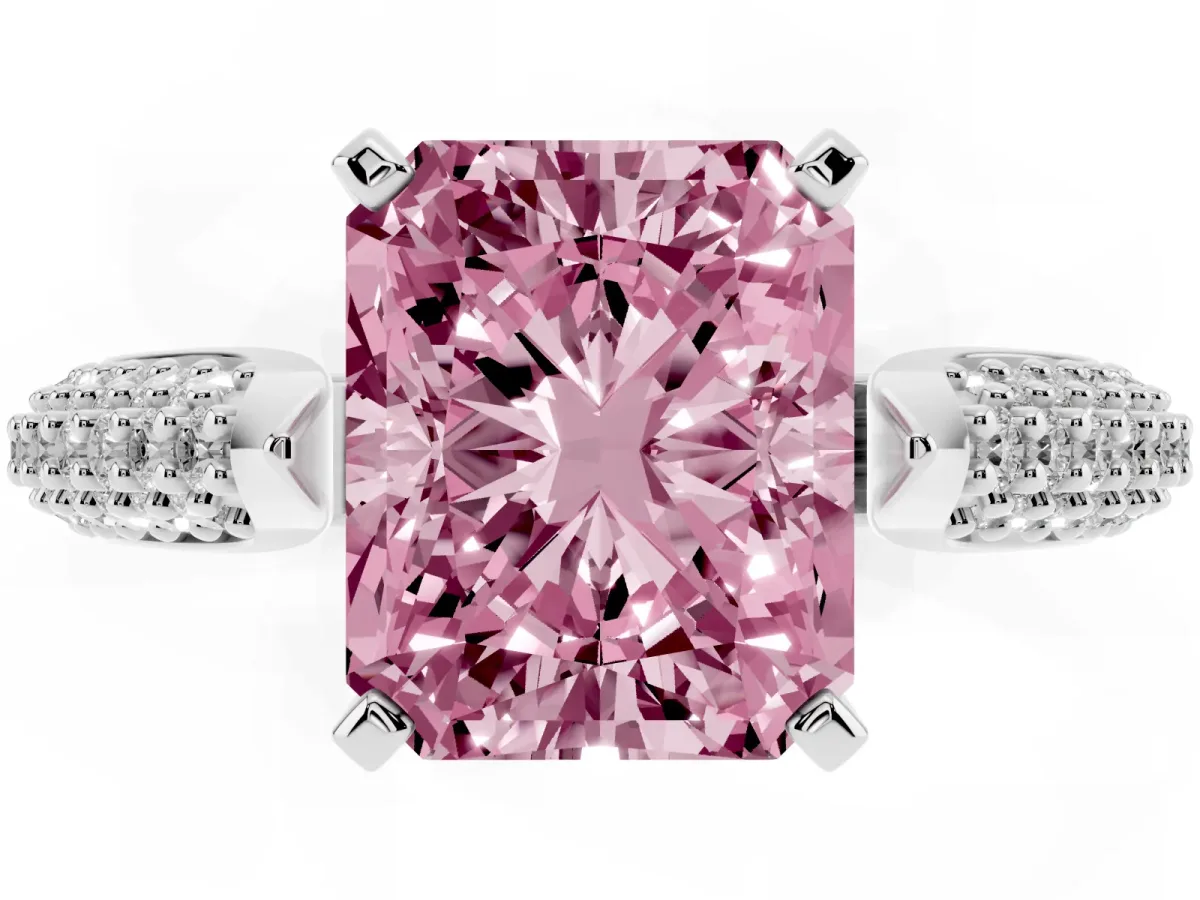 Fancy Pink Radiant Cut Diamond Solitaire Engagement Ring with Multi-Row Round Pavé Band and Prong Setting Platinum