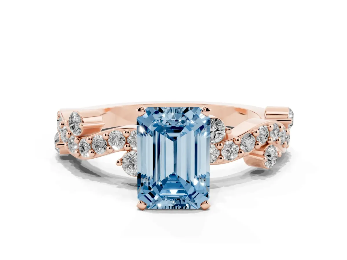 Fancy Blue Emerald Cut Cut Solitaire Diamond Twisted Band with Pave Setting Rose gold