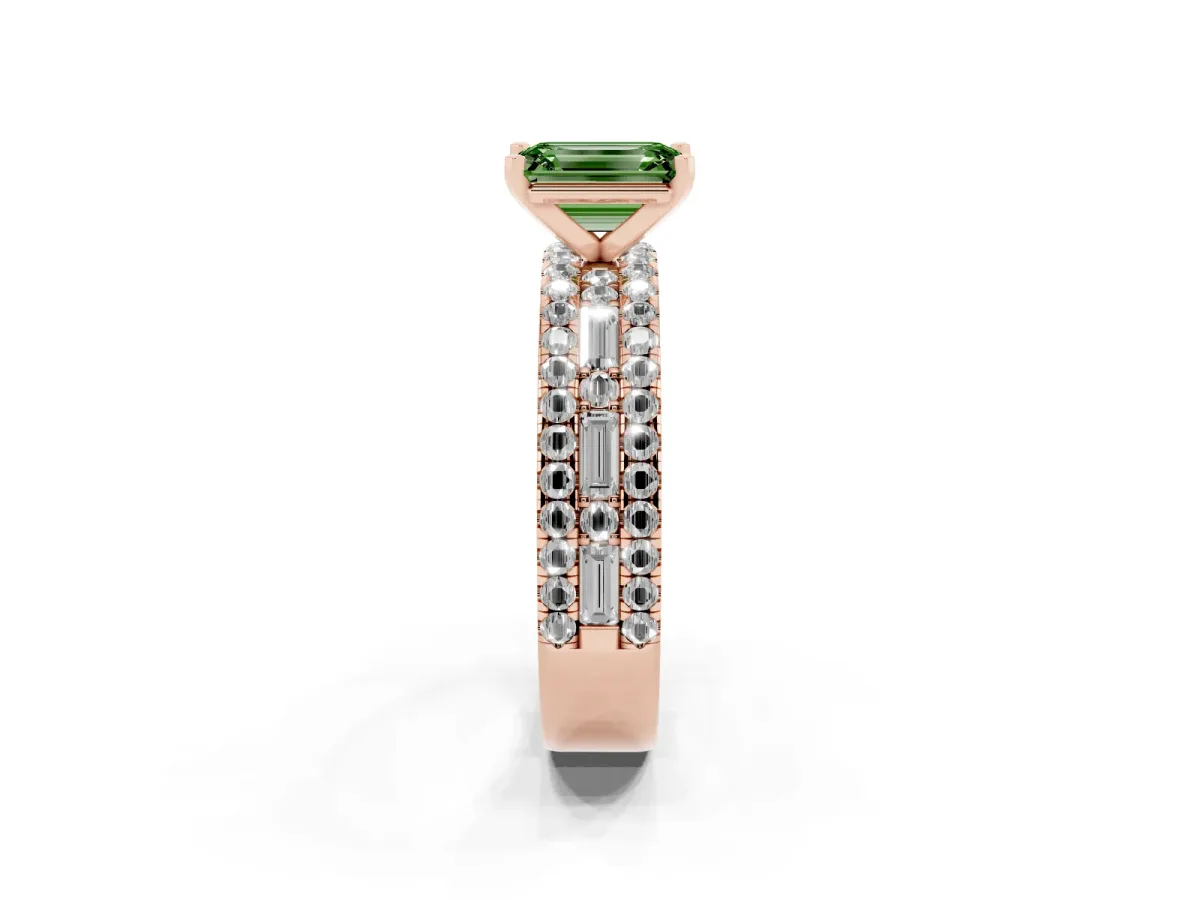 Fancy Green Emerald Cut Diamond Solitaire Ring with Pavé and Channel Set Band Rose gold