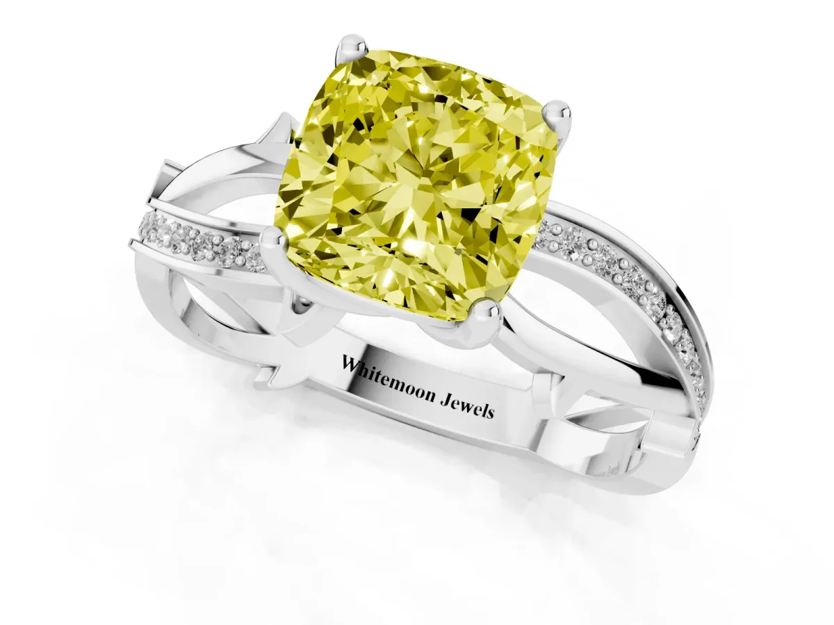 Fancy Yellow Cushion Cut Solitaire Twist Band with Pavé Accents and Four-Prong Setting Platinum