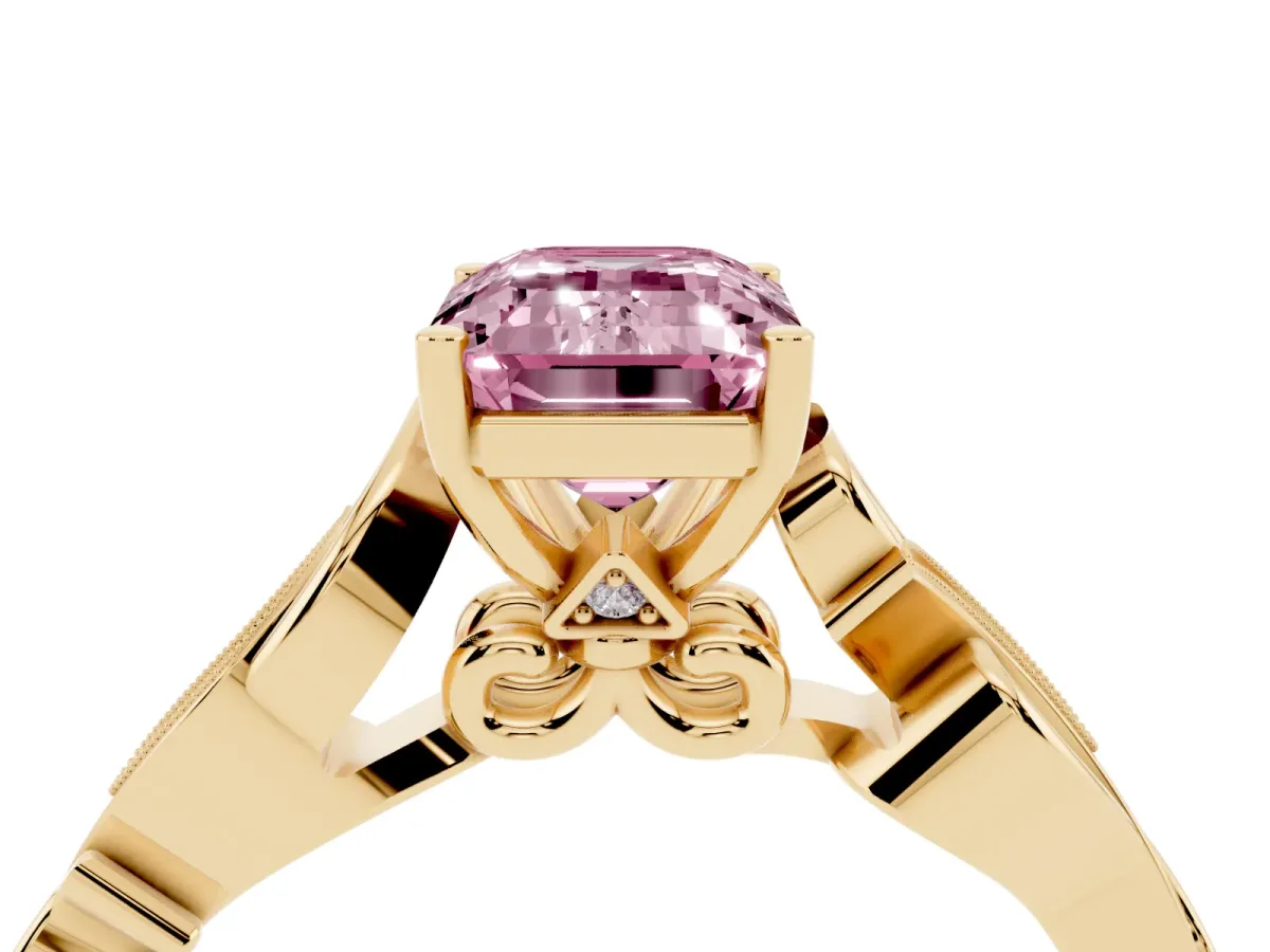 Fancy Pink Emerald Cut Solitaire Vine Band with Milgrain Prong Setting Yellow gold