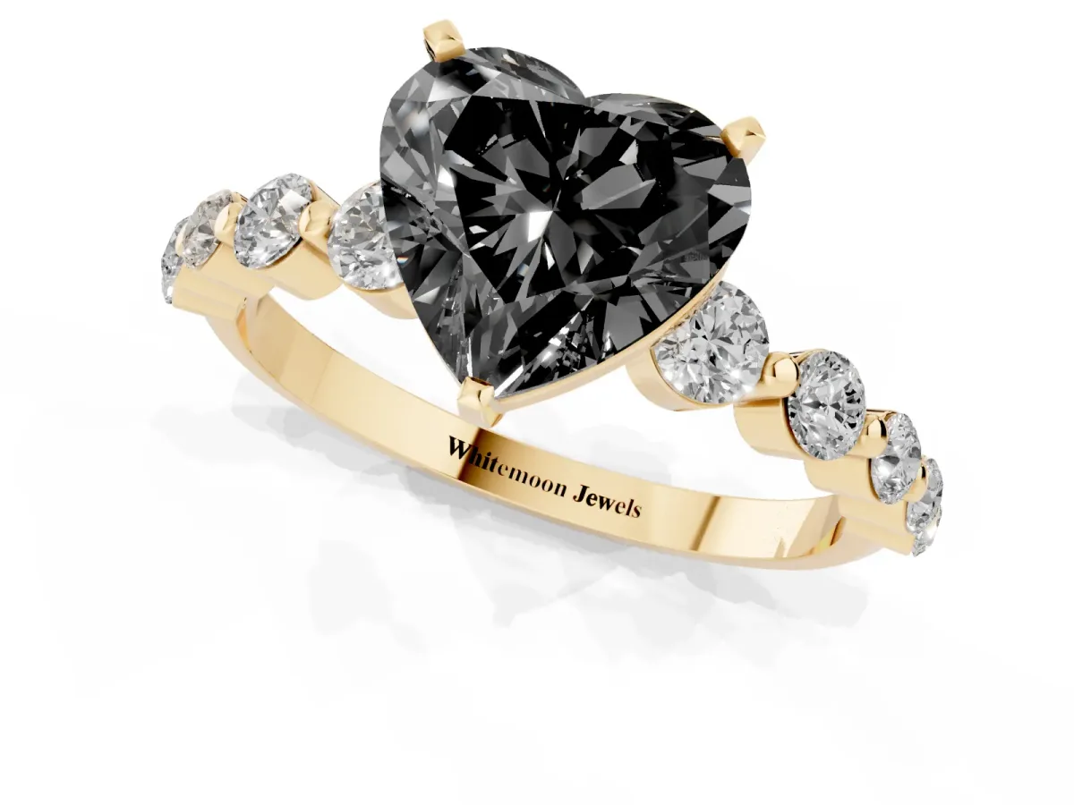 Fancy Black Heart Cut Solitaire Diamond Ring with Pave Band and Four-Prong Setting Yellow gold