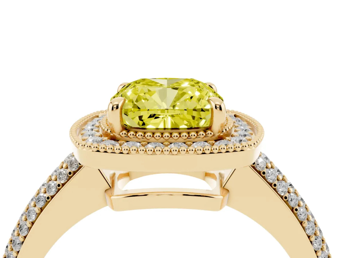 Fancy Yellow Cushion Cut Cut Halo Diamond Pave Band with Four-Prong Setting Yellow gold