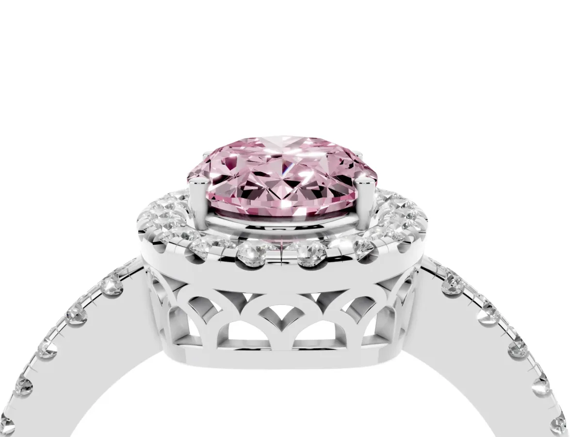 Fancy Pink Oval Cut Halo Diamond Engagement Ring with Pavé Band and Four-Prong Setting Platinum