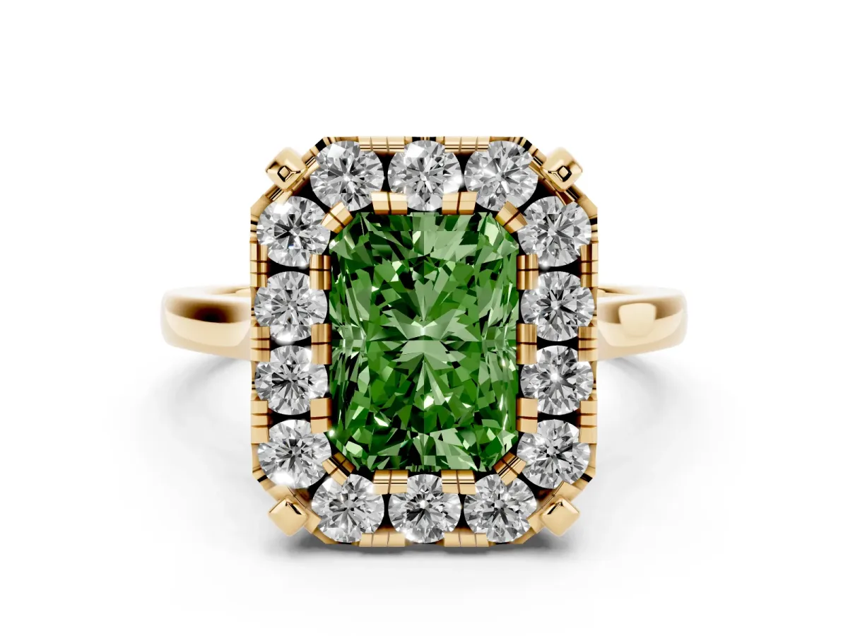Fancy Green Radiant Cut Diamond Cluster Halo Solitaire with Four-Prong Setting Yellow gold