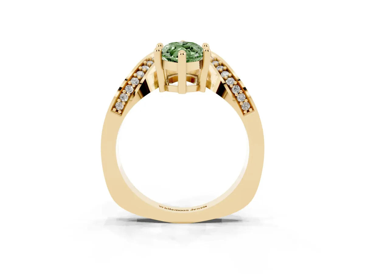 Fancy Green Marquise Cut Solitaire Diamond Engagement Ring with Pave Band and Four-Prong Setting Yellow gold