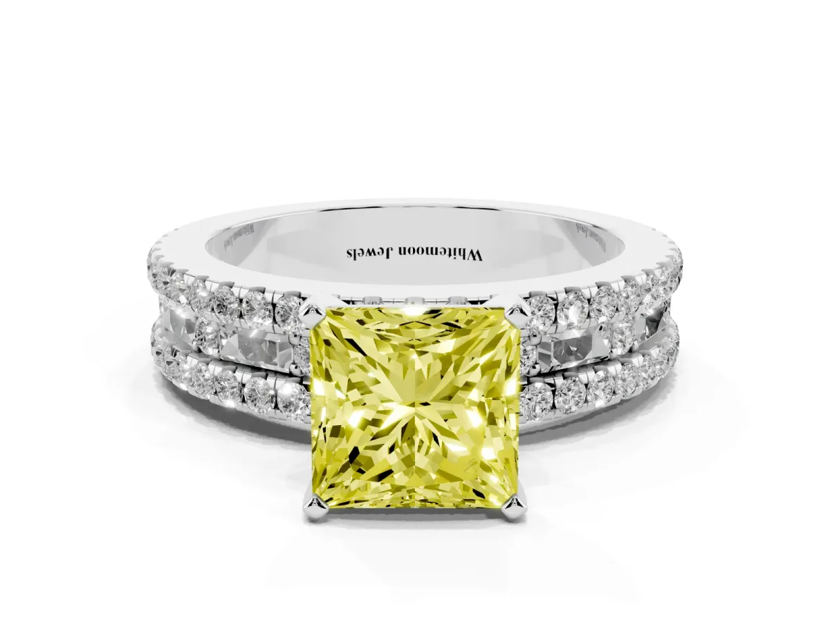 Fancy Yellow Princess Cut Diamond Solitaire Ring with Pavé and Channel Set Band Silver