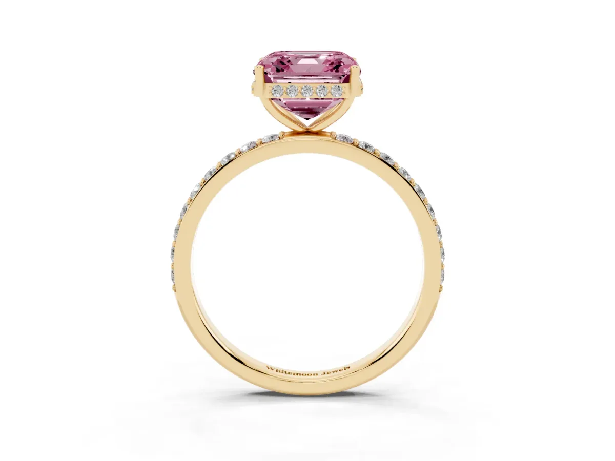 Fancy Pink Asscher Cut Diamond Solitaire Ring with Pavé Band and Hidden Halo Yellow gold