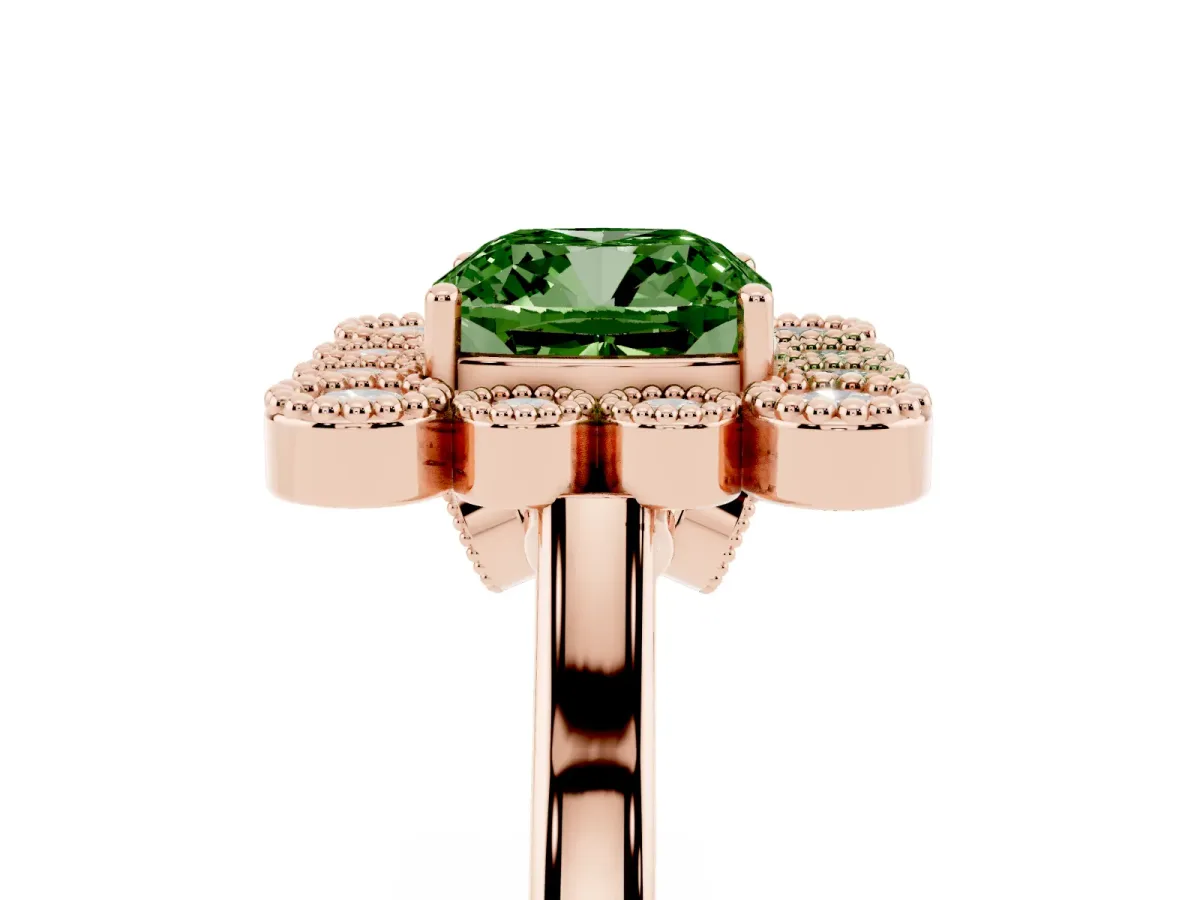 Fancy Green Cushion Cut Halo Diamond Cluster Engagement Ring with Milgrain Bezel Setting and Solitaire Band Rose gold