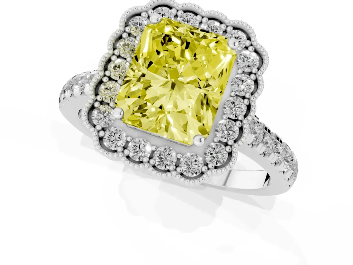 Fancy Yellow Radiant Cut Cut Diamond Milgrain Floral Halo Engagement Ring with Pavé Band White gold