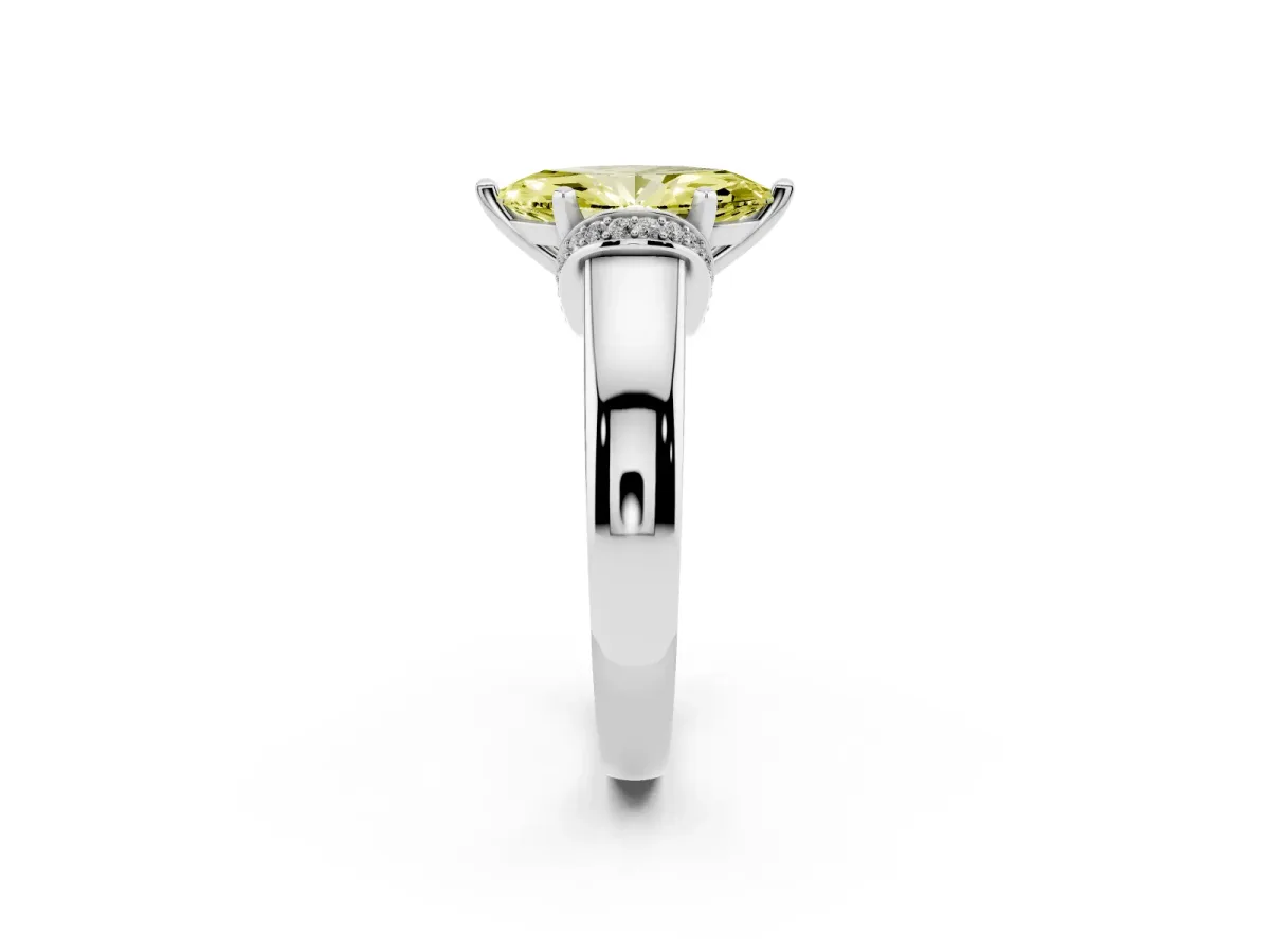 Fancy Yellow Marquise Cut Solitaire Diamond Ring with Pave Band and Six-Prong Setting Silver