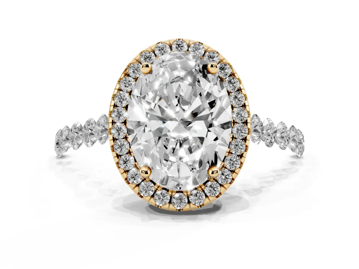 Oval Cut Halo Pavé Diamond Engagement Ring with Four-Prong Setting Yellow gold