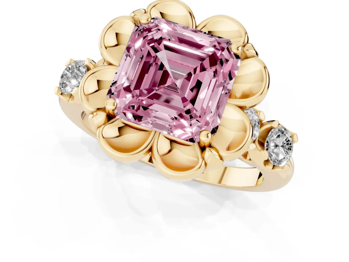 Fancy Pink Asscher Cut Cut Diamond Floral Halo Engagement Ring with Shared Prong Setting Yellow gold