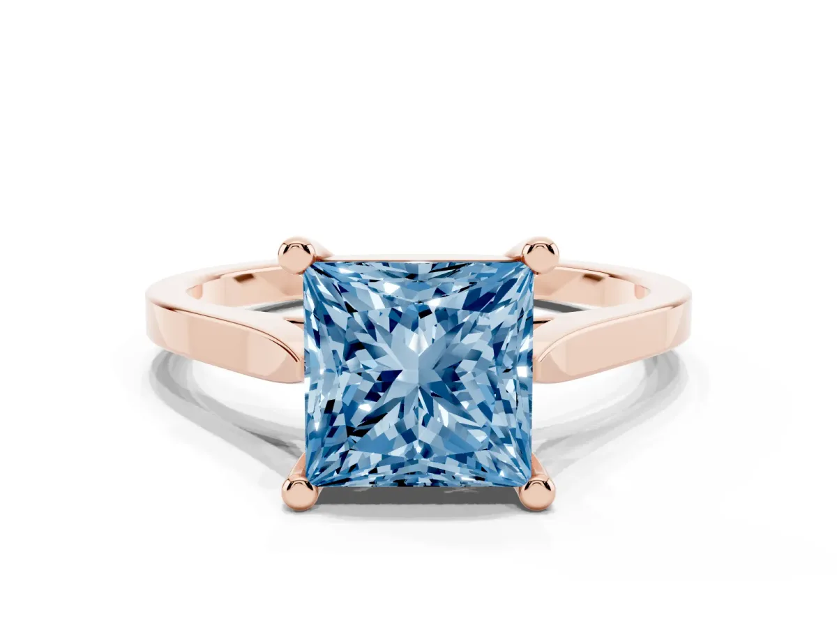 Fancy Blue Princess Cut Solitaire Diamond Ring with Four-Prong Setting and Tapered Band Rose gold