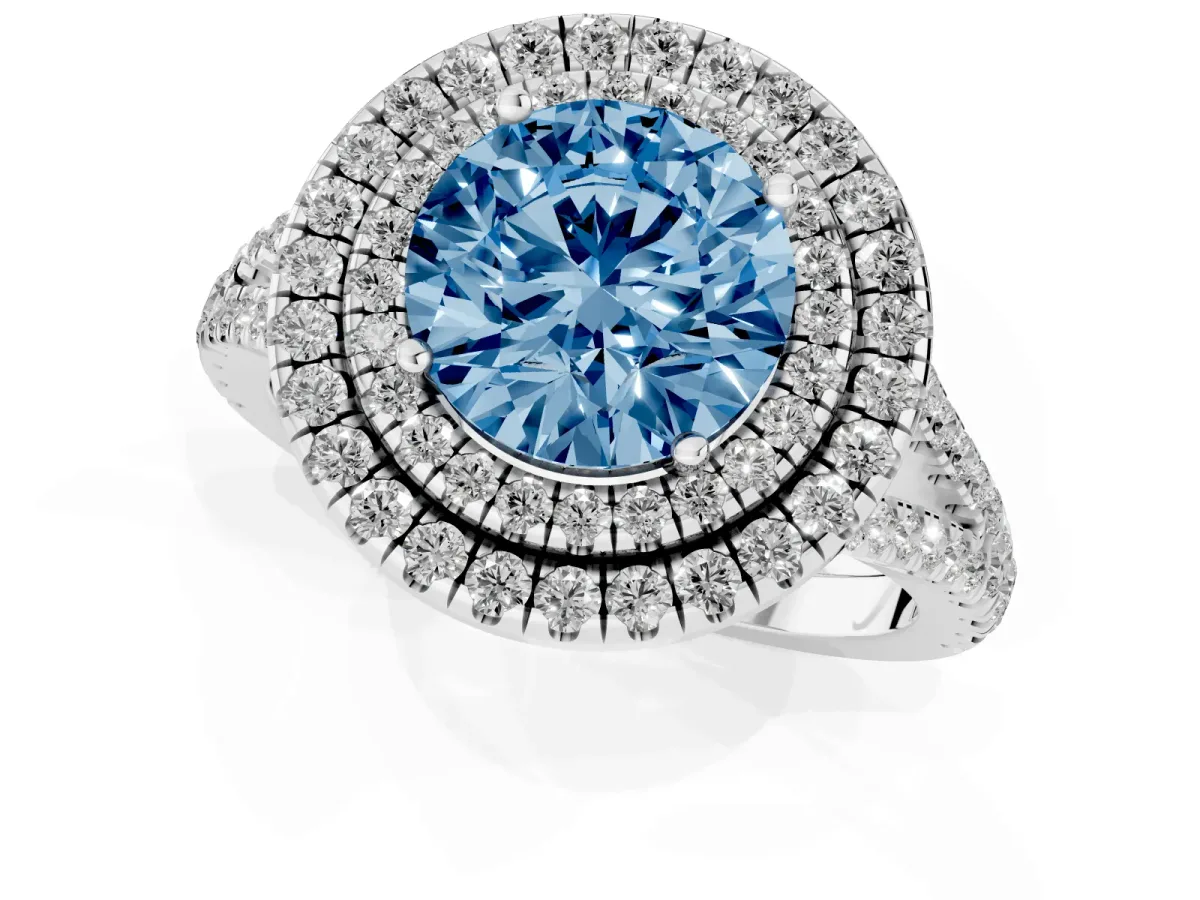 Fancy Blue Round Cut Diamond Double Halo Ring with Pavé Band and Prong Setting Platinum