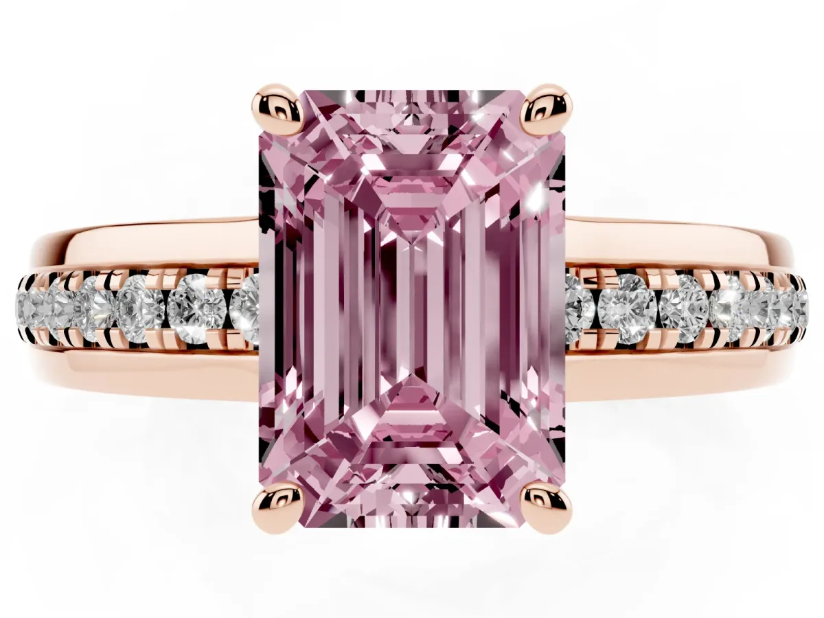 Fancy Pink Emerald Cut Solitaire Diamond Ring with Channel Set Band and Six-Prong Setting Rose gold