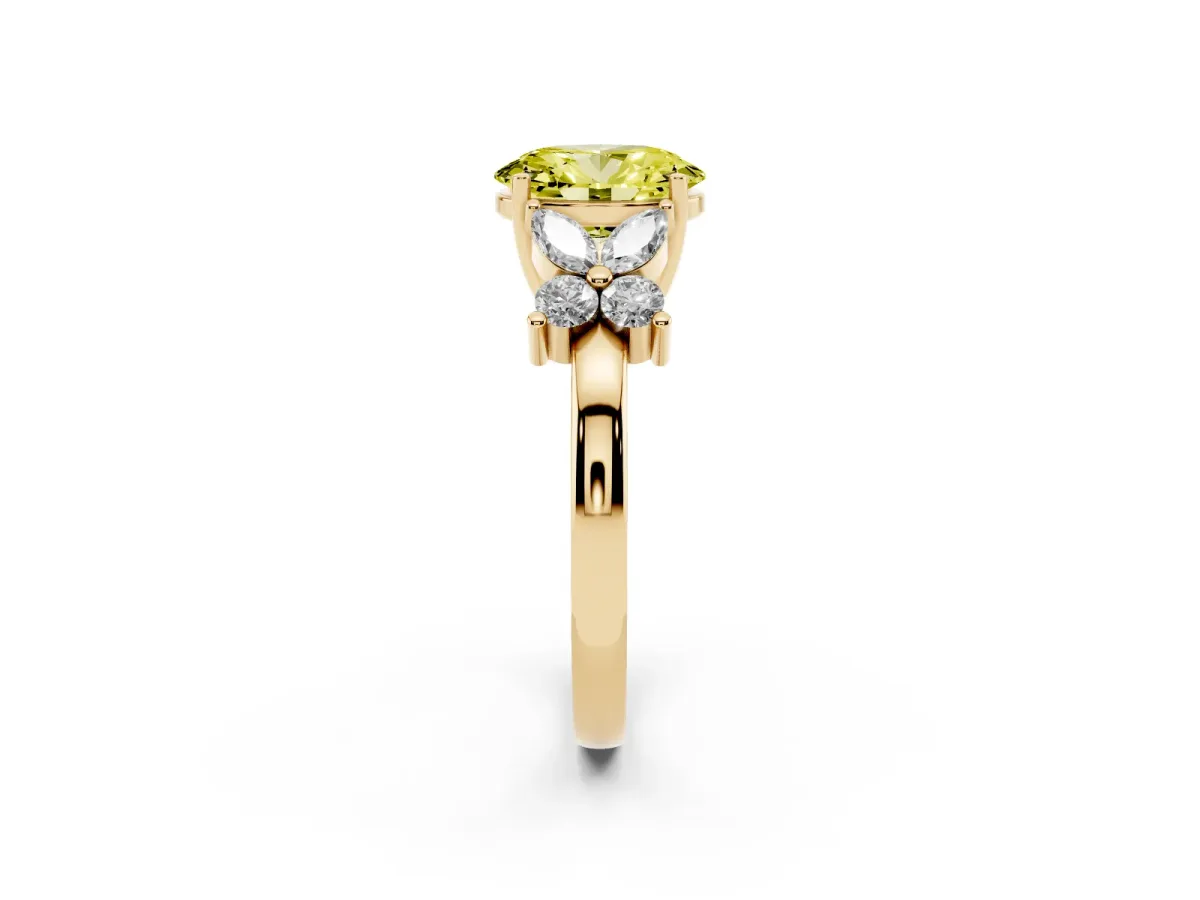 Fancy Yellow Oval Cut Diamond Floral Cluster Ring with Solitaire Band and Prong Setting Yellow gold