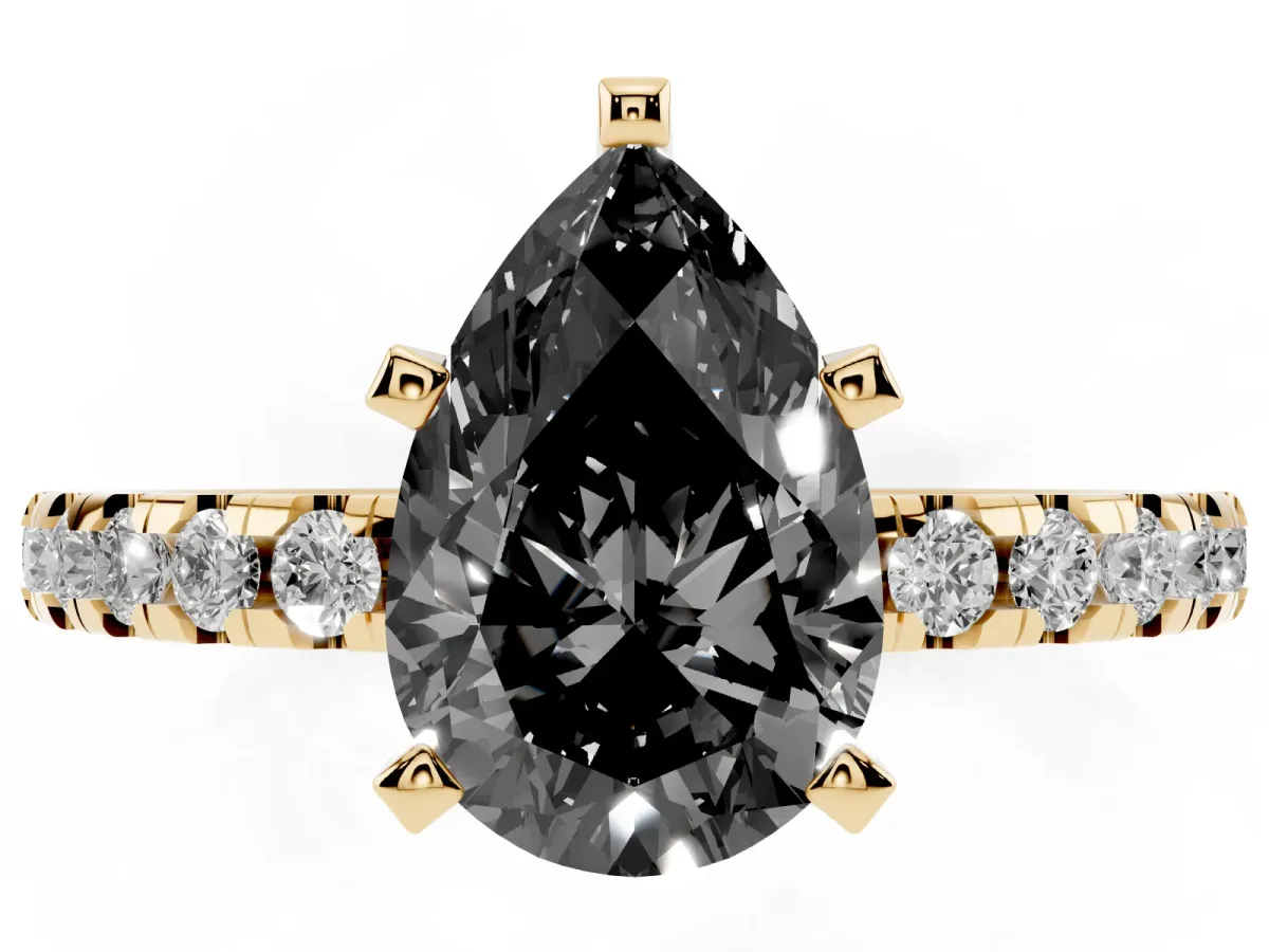 Fancy Black Pear Cut Diamond Solitaire Ring with Round Pavé Band and Four-Prong Setting Yellow gold
