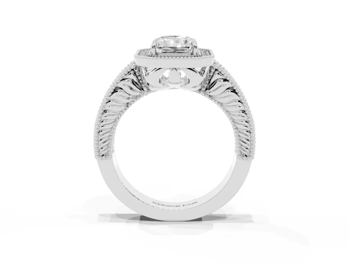 Radiant Cut Cut Halo Diamond Ring with Pavé Band and Four-Prong Setting Silver