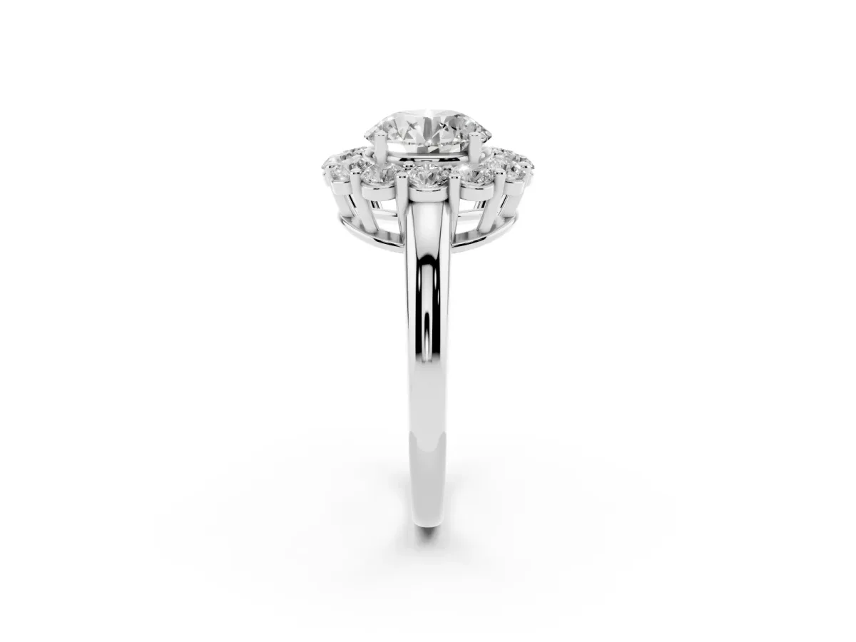 Round Cut Halo Cluster Diamond Engagement Ring with Prong Setting and Polished Band Silver