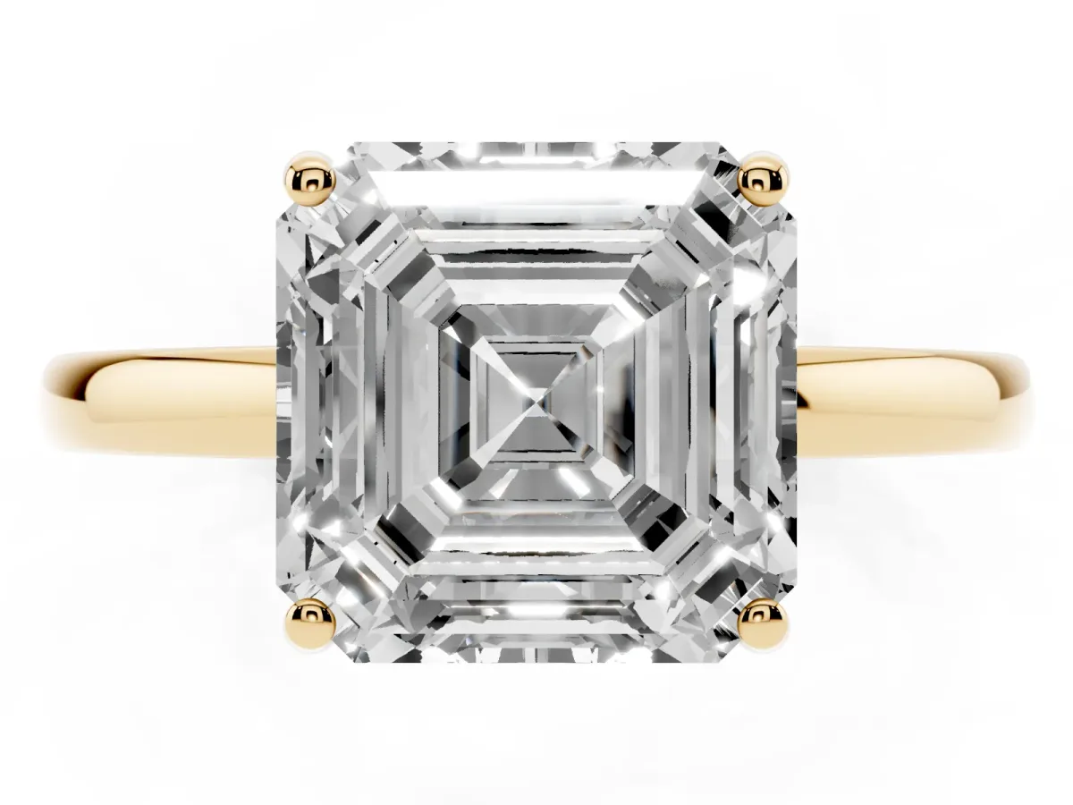 Asscher Cut Solitaire Diamond Ring with Prong Setting and Plain Band Yellow gold