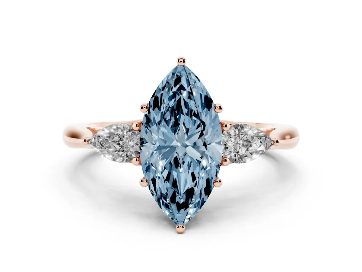 Fancy Blue Marquise Cut Diamond Three-Stone Ring with Pear Side Stones and Prong Setting Rose gold