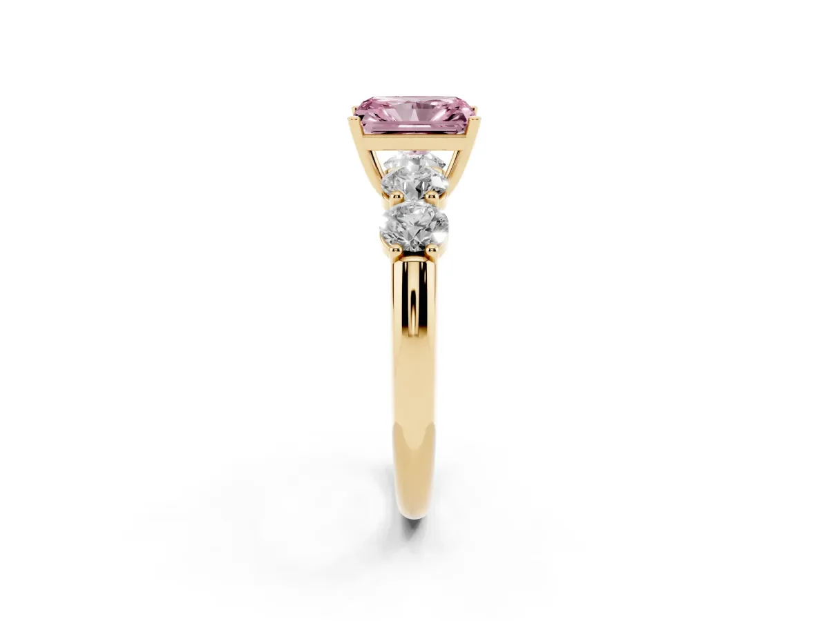 Fancy Pink Radiant Cut Cut Five-Stone Prong Set Diamond Ring with Classic Band Yellow gold