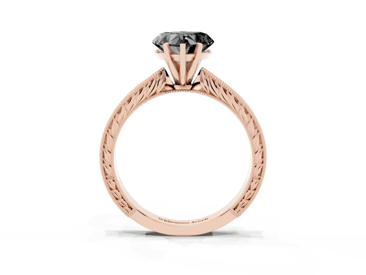 Fancy Black Heart Cut Solitaire Milgrain Engraved Band with Four-Prong Setting Rose gold