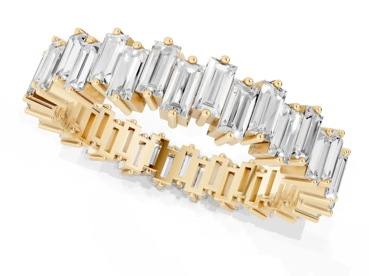 Baguette Diamond Full Eternity Ring with Prong Setting Yellow gold
