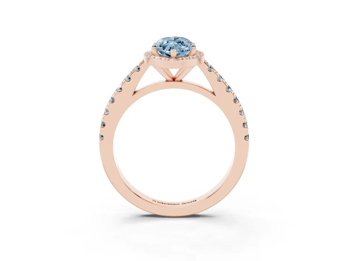 Fancy Blue Marquise Cut Cut Halo Diamond Engagement Ring with Pave Band and Four-Prong Setting Rose gold