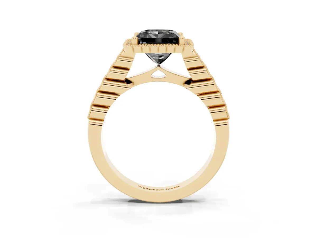 Fancy Black Princess Cut Cut Halo Pavé Solitaire Ring with Milgrain Band Yellow gold