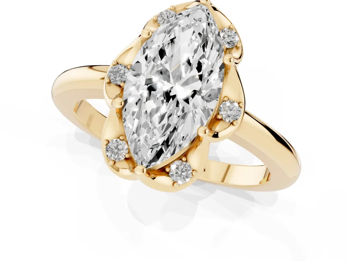 Marquise Cut Halo Diamond Ring with Round Cluster Setting, Solitaire Band, and Four-Prong Setting Yellow gold