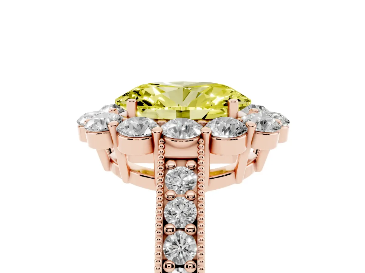 Fancy Yellow Oval Cut Cut Halo Diamond Pavé Engagement Ring with Milgrain Detailing Rose gold