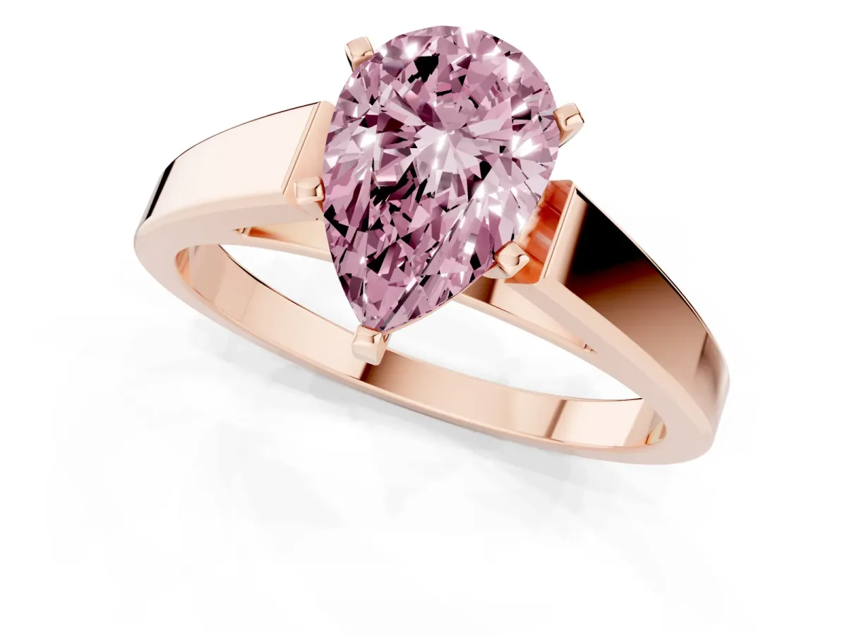 Fancy Pink Pear Cut Solitaire Engagement Ring with Four-Prong Setting and Tapered Band Rose gold