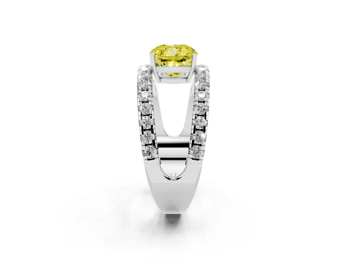 Fancy Yellow Cushion Cut Solitaire Split Shank Pave Diamond Ring Platinum