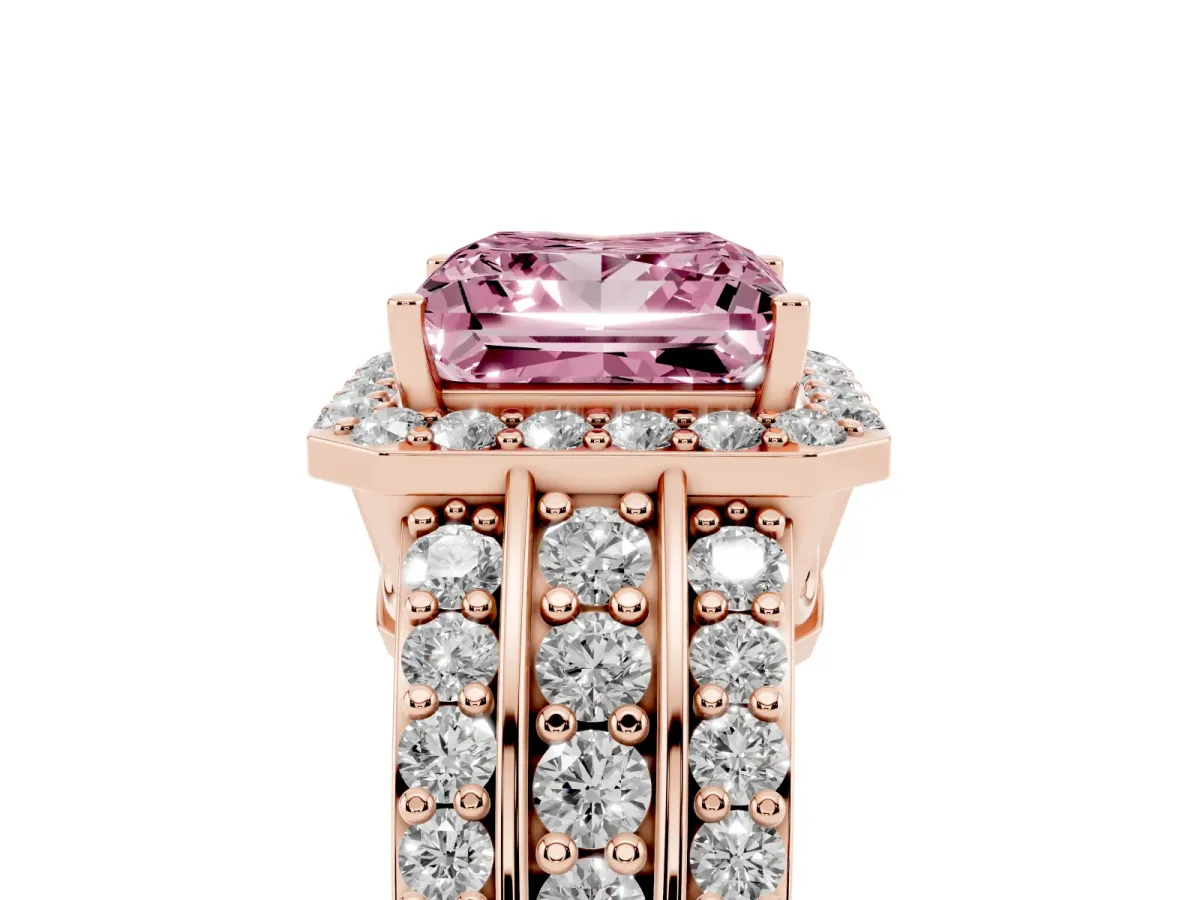 Fancy Pink Princess Cut Halo Diamond Ring with Round Split Shank and Prong Setting Rose gold